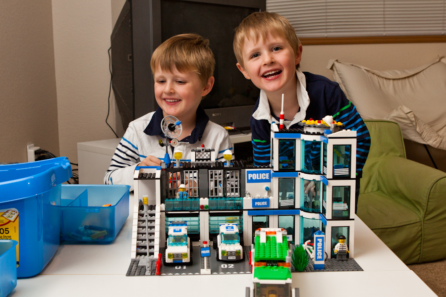 Will and Andrew with the built Lego City Police Station