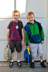 Will and Andrew sporting their new backpacks and lunchboxes