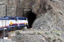 Rocky Mountaineer entering a tunnel