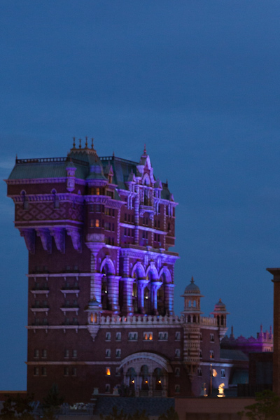 Tokyo Disney Sea Tower of Terror at night from the Monorail station