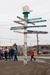 Barrow mileage signpost next to the Wiley Post - Will Rogers memorial