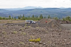 The tour van on the crazy gravel pile