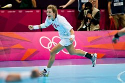 Norway's Linn-Kristin Koren celebrates after a goal in a quarterfinal Women's Handball match