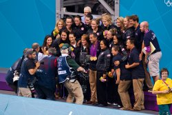 USA Women's Water Polo Adam Krikorian with all the gold medals (2)